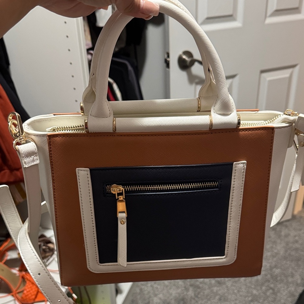 Madison West Brown, White, and Navy Mini Bag